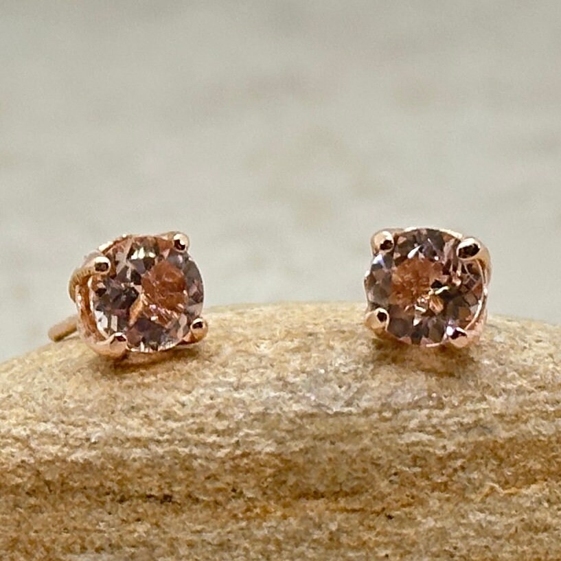 Morganite Stud Earrings, Solitaire With Flower Petal Prongs, Push Back, Lifetime Care Plan Included, Genuine Gems Ls6440