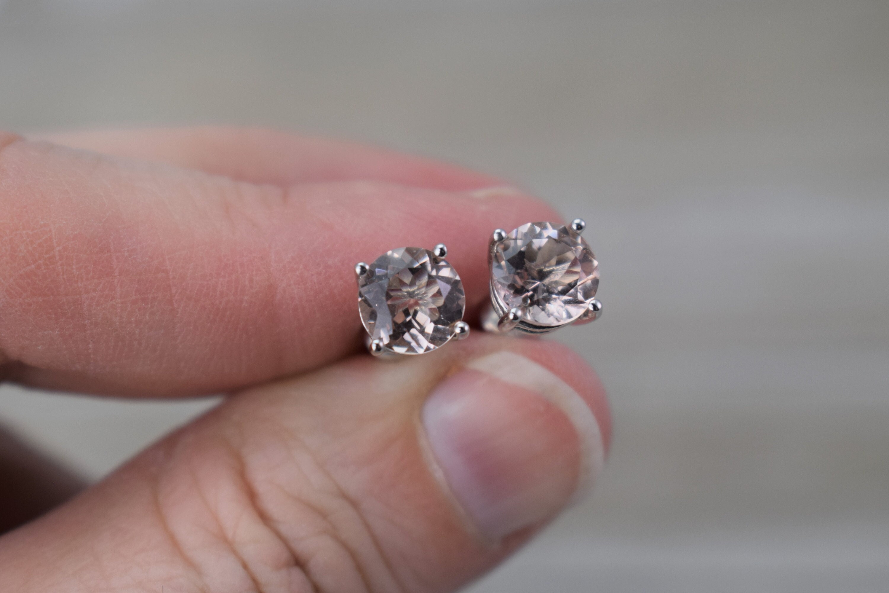 Morganite Stud Earrings (sterling Silver) - Peach - Natural Faceted Gemstone - 6 Or 7 Mm Round