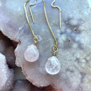Morganite Threader Earrings Gold, Pink Tear Drop Dangle Earrings Morganite Threader Earrings Gold, Pink Tear Drop Dangle Earrings