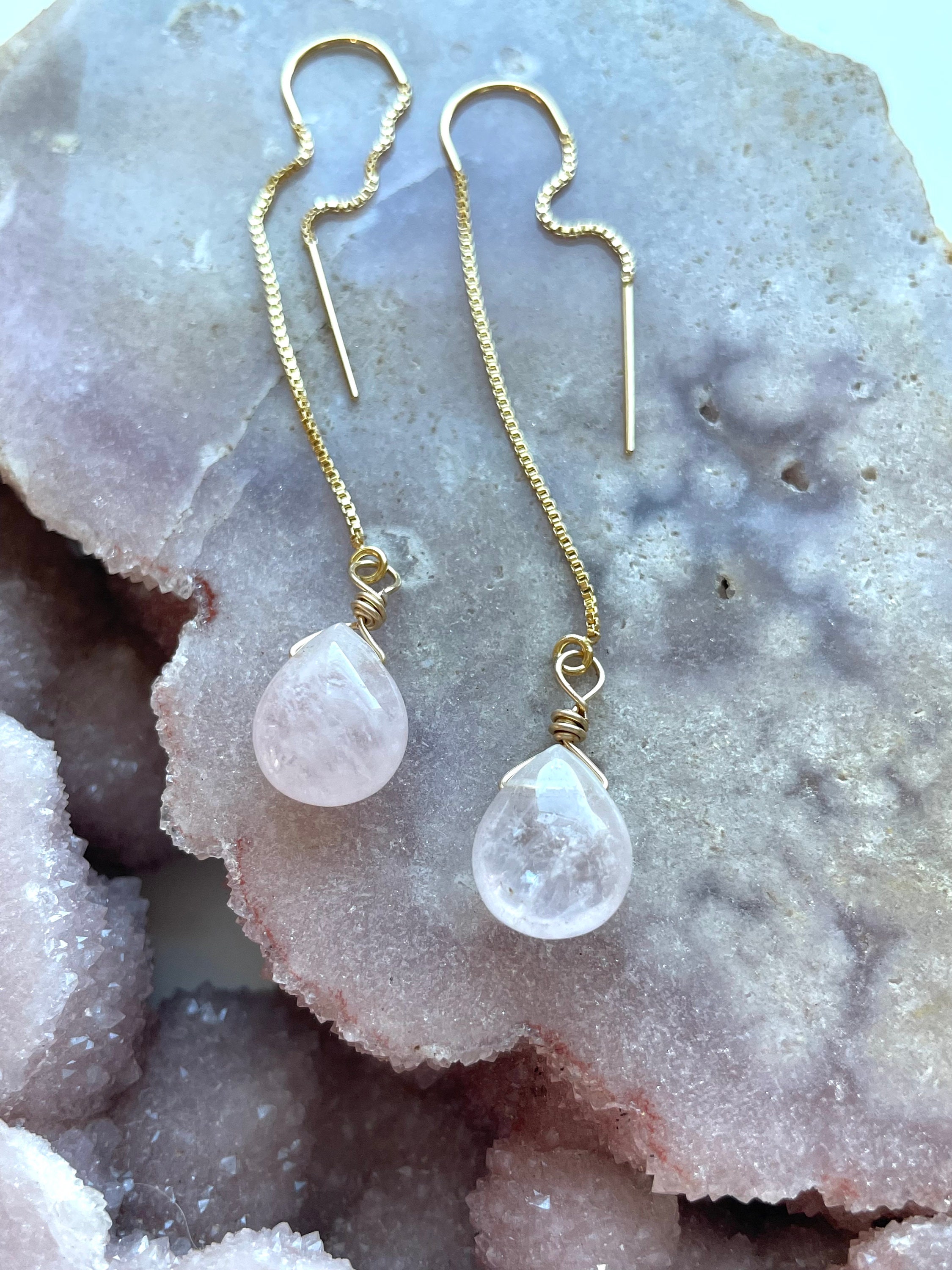 Morganite Threader Earrings Gold, Pink Tear Drop Dangle Earrings Morganite Threader Earrings Gold, Pink Tear Drop Dangle Earrings