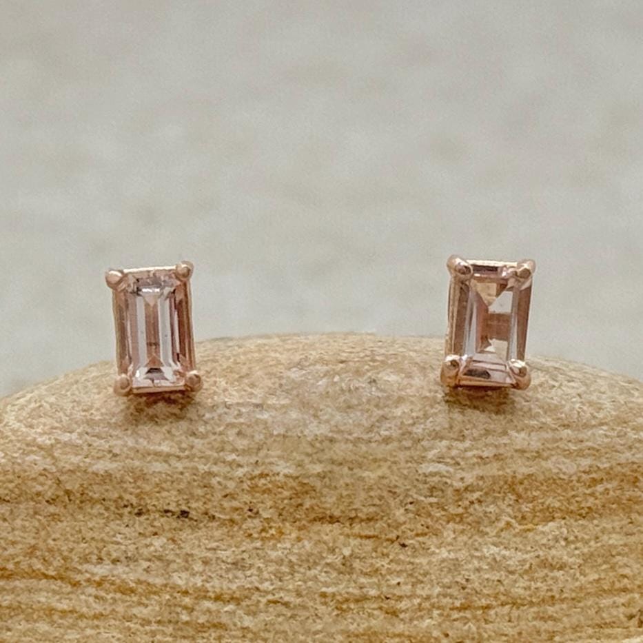 Tiny Emerald Cut Morganite Studs Genuine Natural Gems Push Back Post, Lifetime Care Plan Included, Ls6386