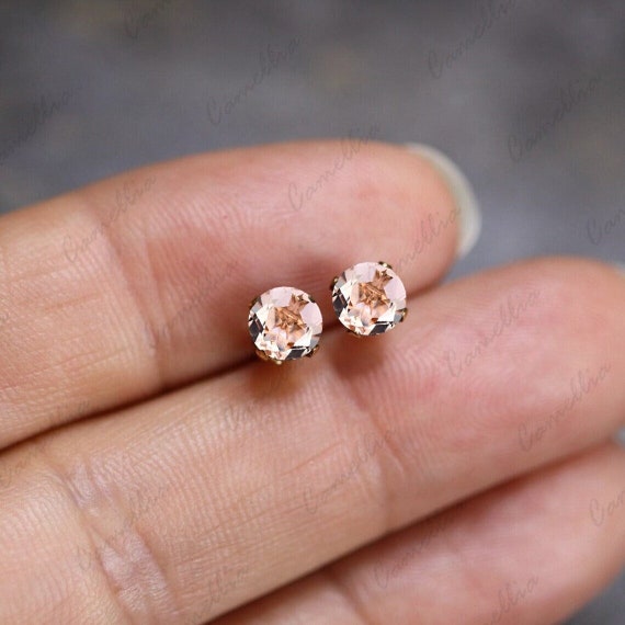 Vintage Art Deco Morganite Stud Earrings, Round Peach Sterling Silver