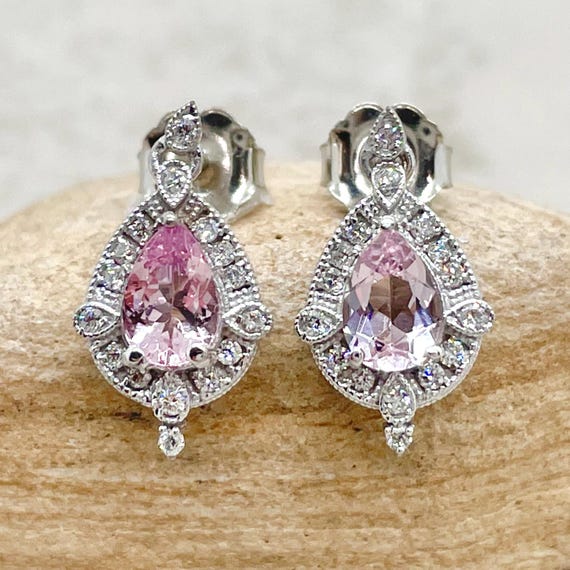 Vintage Pink Morganite Earrings, Dainty Milgrain Pear And Round Shapes, Lifetime Care Plan Included, Genuine Gems And Diamonds Ls6511