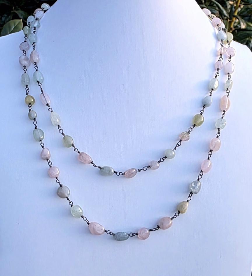 Aquamarine Gemstone Necklace Oxidized Sterling Silver, Choose 16 Inch Choker Or 18 Inch Necklace, Pink Morganite, Pastel, March Birthstone