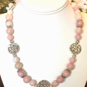 Morganite Beaded Necklace – Etched Pewter Disks, Ornate Toggle Clasp - 19.5 inches