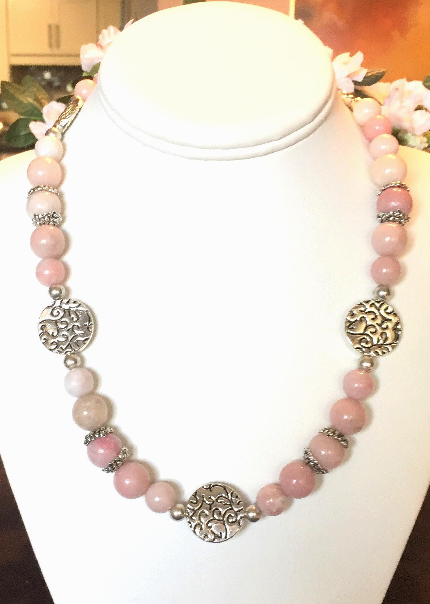 Morganite Beaded Necklace – Etched Pewter Disks, Ornate Toggle Clasp - 19.5 Inches