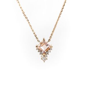 Morganite Diamond Necklace, Diamond Cluster Necklace 14k Rose Yellow Gold