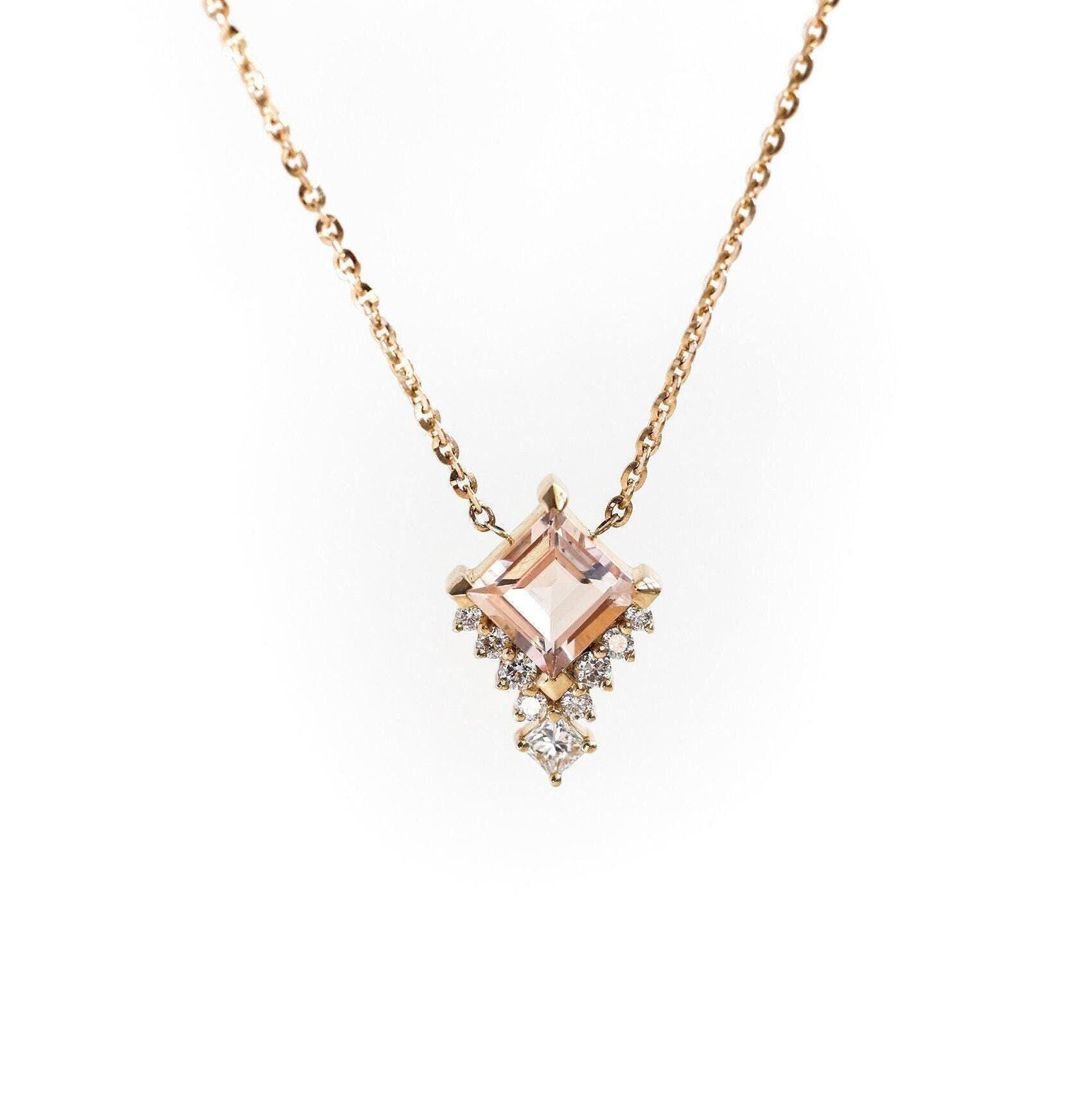 Morganite Diamond Necklace, Diamond Cluster Necklace 14k Rose Yellow Gold
