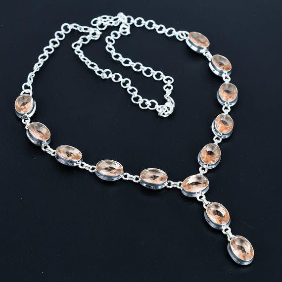 Handmade Faceted Morganite Necklace: 925 Sterling Silver, Adjustable Chain