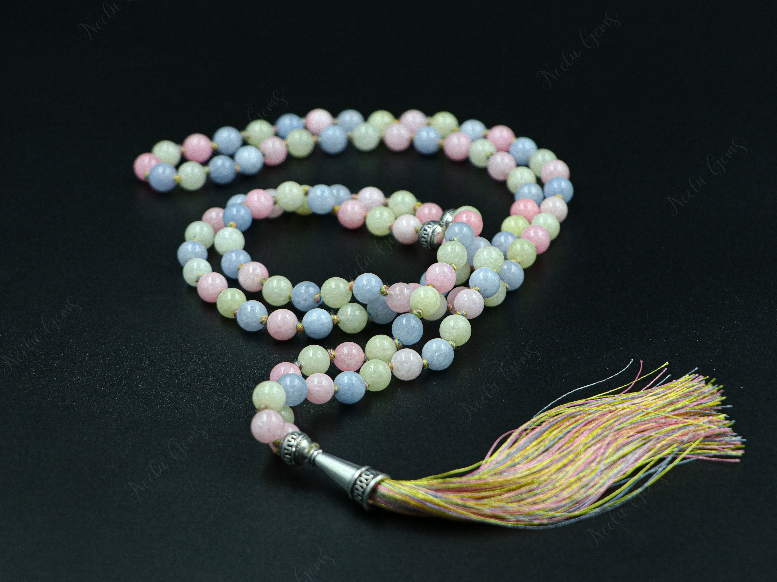 Morganite Mala Necklace 108 Beads Hand Knotted, Pink Beryl Gemstone Tassel Necklace, Heart Chakra Divine Love, Yoga Meditation Prayer Beads