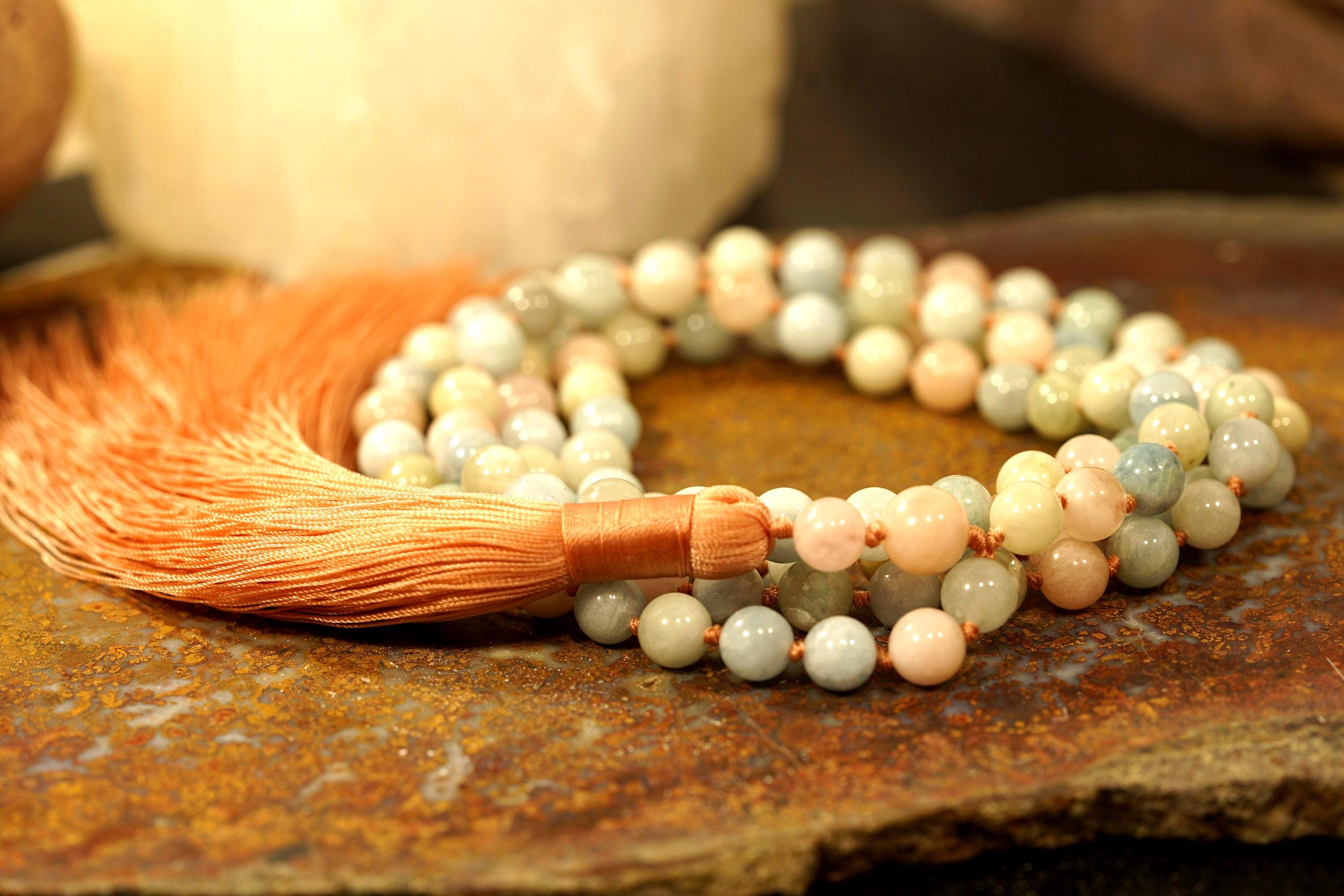 Morganite Mala • Beryl Necklace • Beryl Mala Beads • 8mm • Millennial Pink Tassel • 108+1 • Morganite Necklace • Hand-knotted Mala • 4565