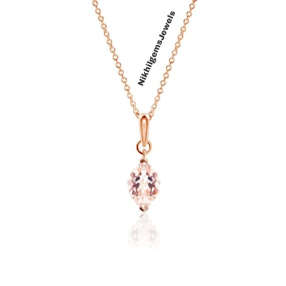 Marquise Morganite Solitaire Necklace: 14k Rose Gold & 925 Silver