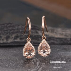 Natural Morganite Dangle Earrings Necklace Natural Morganite Jewelry Set Pear Morganite Halo Rose Gold Jewelry Wedding Jewelry Set Women