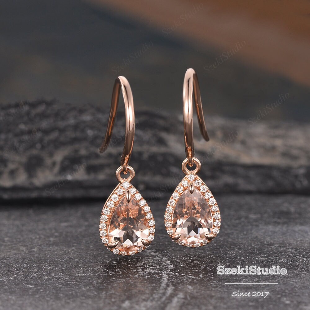 Natural Morganite Dangle Earrings Necklace Natural Morganite Jewelry Set Pear Morganite Halo Rose Gold Jewelry Wedding Jewelry Set Women