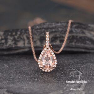 Pear Shaped Morganite Necklace Natural Morganite Jewelry Set 3pcs Pear Morganite Earrings Halo Rose Gold Jewelry Wedding Jewelry Set Women