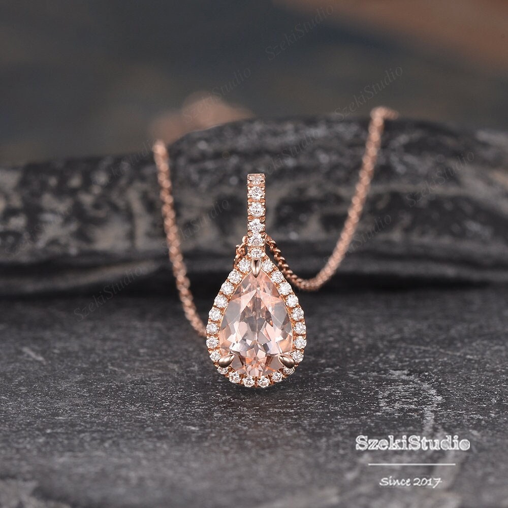 Pear Shaped Morganite Necklace Natural Morganite Jewelry Set 3pcs Pear Morganite Earrings Halo Rose Gold Jewelry Wedding Jewelry Set Women