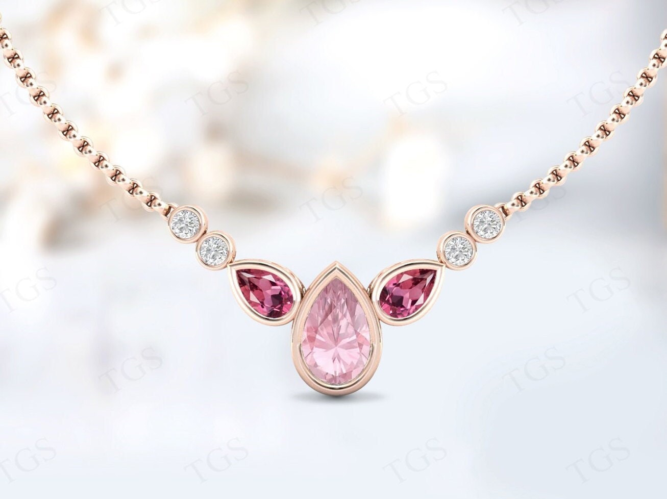 Pink Morganite Necklace For Women Rose Gold Morganite Wedding Necklace Art Deco Tear Drop Multi Gemstone Necklace Pear Cut Wedding Necklace