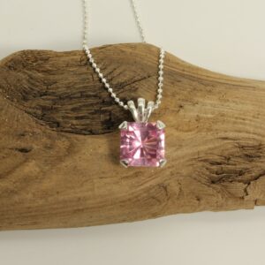 Pink Morganite Gemstone Necklace Sterling Silver, Custom Faceted Antique Cushion Gem, Lab Morganite, 18 Inch Silver Chain