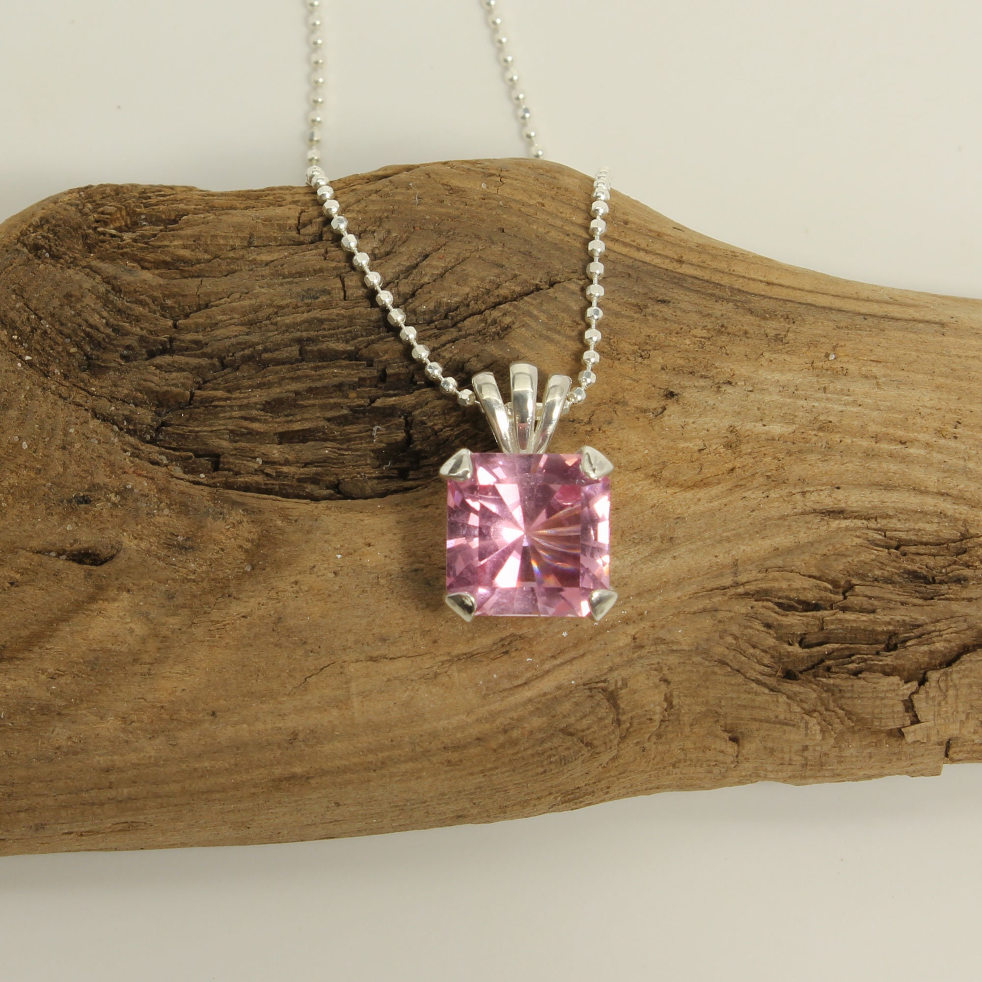 Pink Morganite Gemstone Necklace Sterling Silver, Custom Faceted Antique Cushion Gem, Lab Morganite, 18 Inch Silver Chain