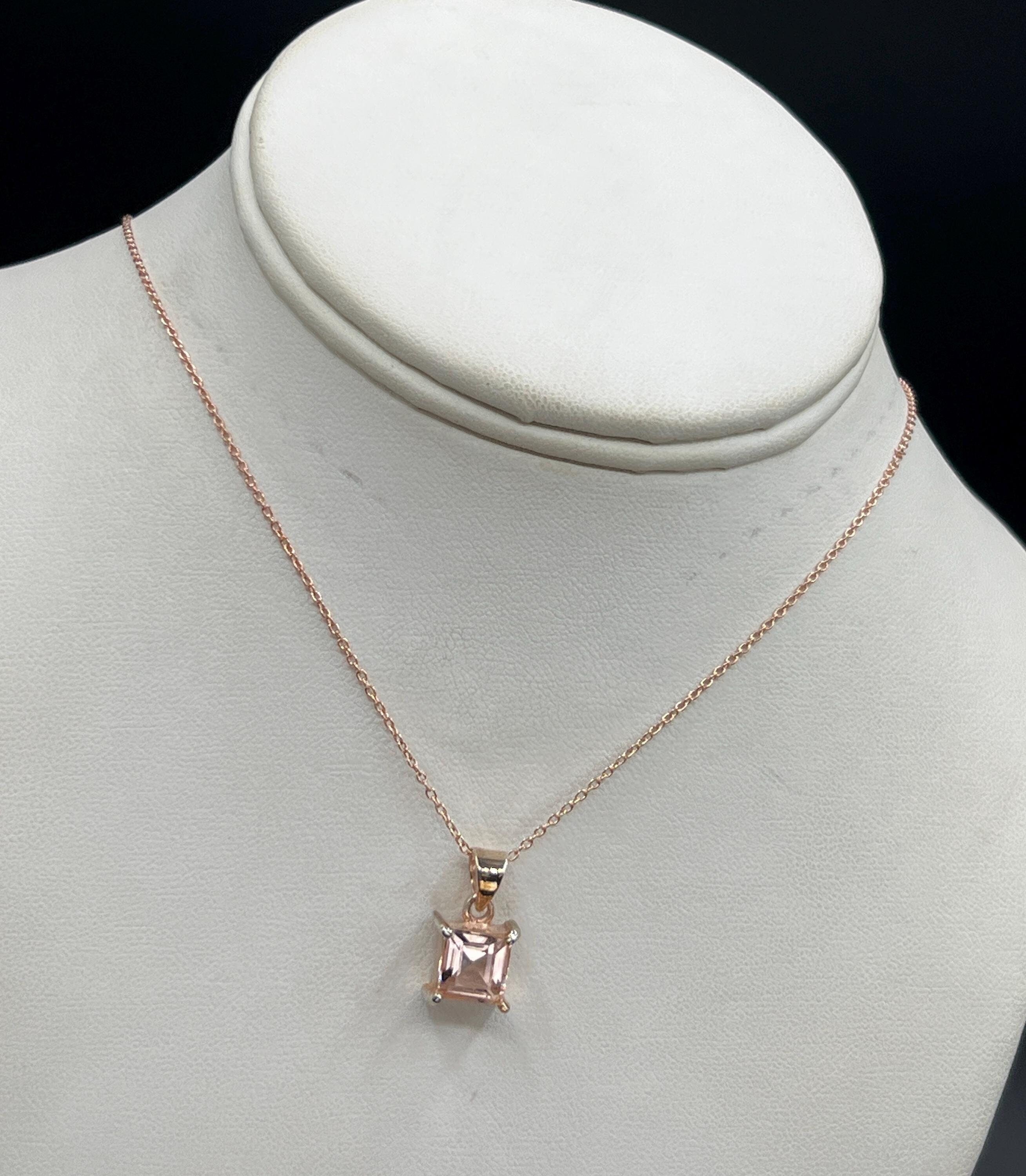 Pink Morganite Rose Gold Necklace, Natural Gemstone, Custom Faceted Princess Cut, Square Genuine Morganite, 16 Or 18 Inch Rose Gold Chain