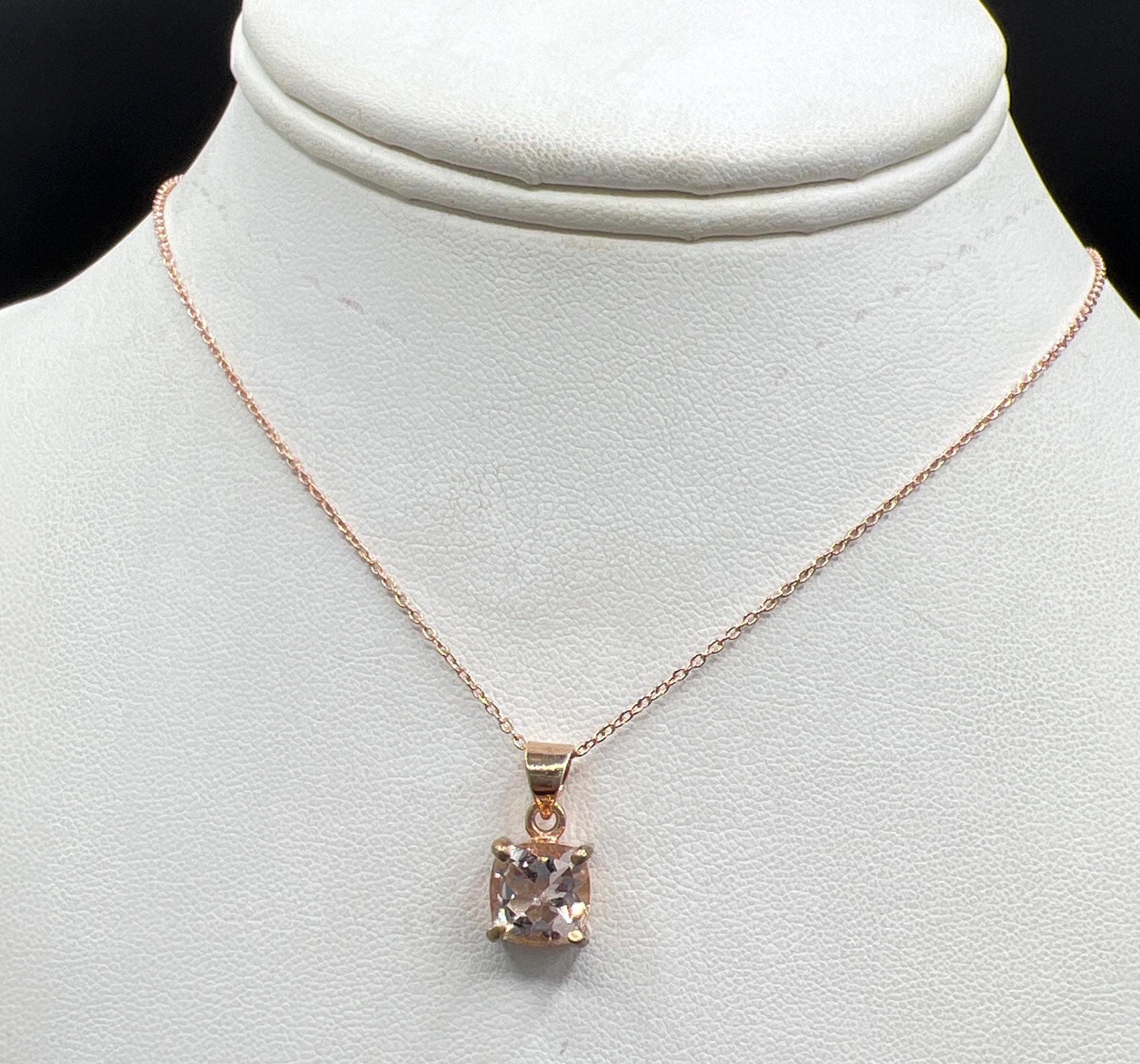 Pink Morganite Rose Gold Necklace, Natural Gemstone, Custom Faceted Antique Cushion Shape Genuine Morganite, 16 Or 18 Inch Rose Gold Chain