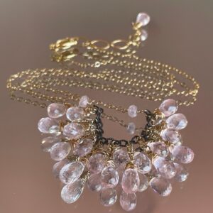 Morganite Y Shape Dainty Necklace Gemstone Cluster Mix Metal Wire Wrapped Pink Fringe Bib Gold Necklace Bridal Jewelry Wife Gift for Her