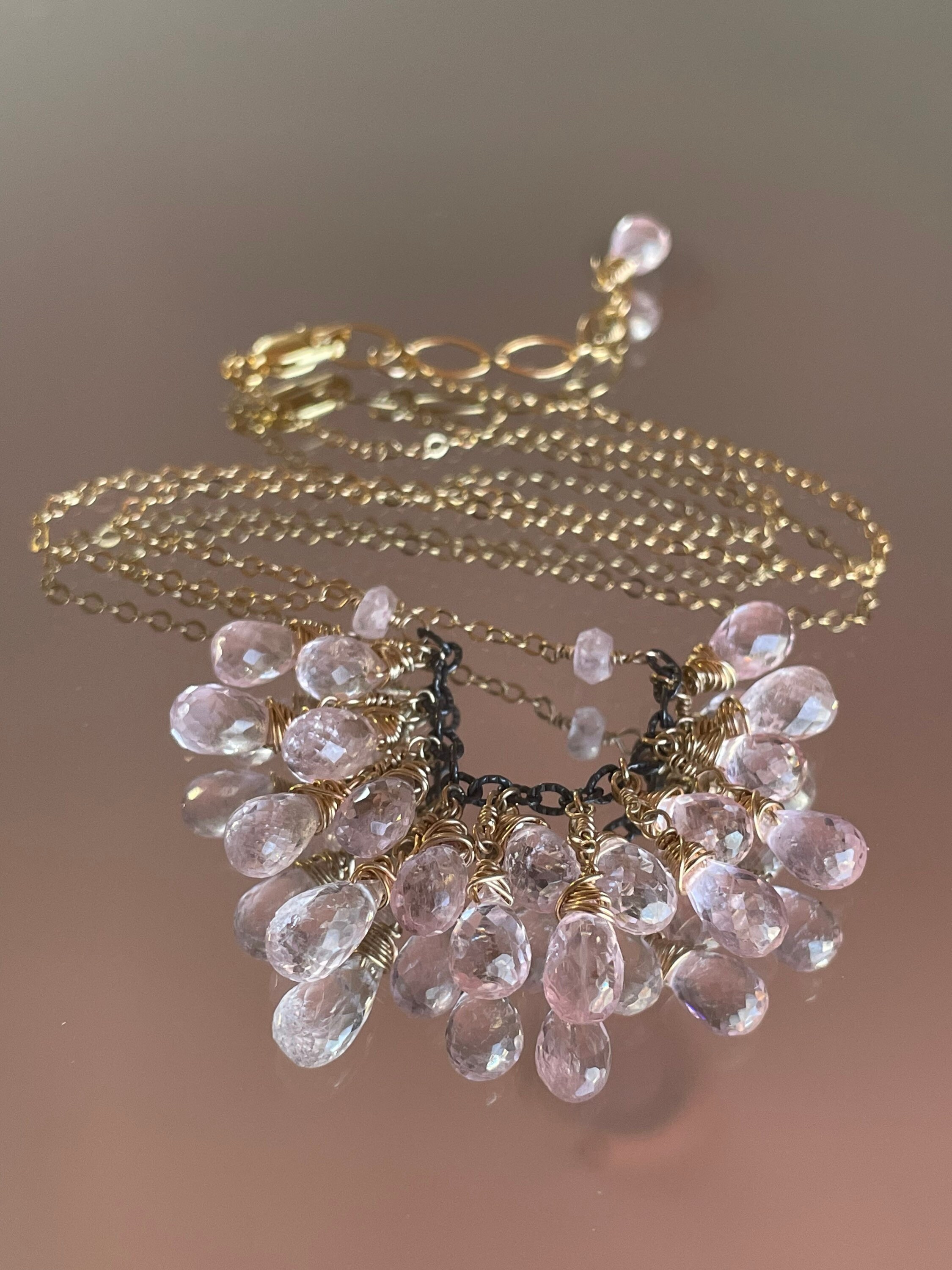 Morganite Y Shape Dainty Necklace Gemstone Cluster Mix Metal Wire Wrapped Pink Fringe Bib Gold Necklace Bridal Jewelry Wife Gift For Her Morganite Y Shape Dainty Necklace Gemstone Cluster Mix Metal Wire Wrapped Pink Fringe Bib Gold Necklace Bridal Jewelry Wife Gift For Her