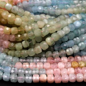 AA Natural Multicolor Blue Aquamarine Pink Morganite Faceted 4mm 6mm Cube Dice Square Beads Micro Faceted Laser Diamond Cut 15.5" Strand