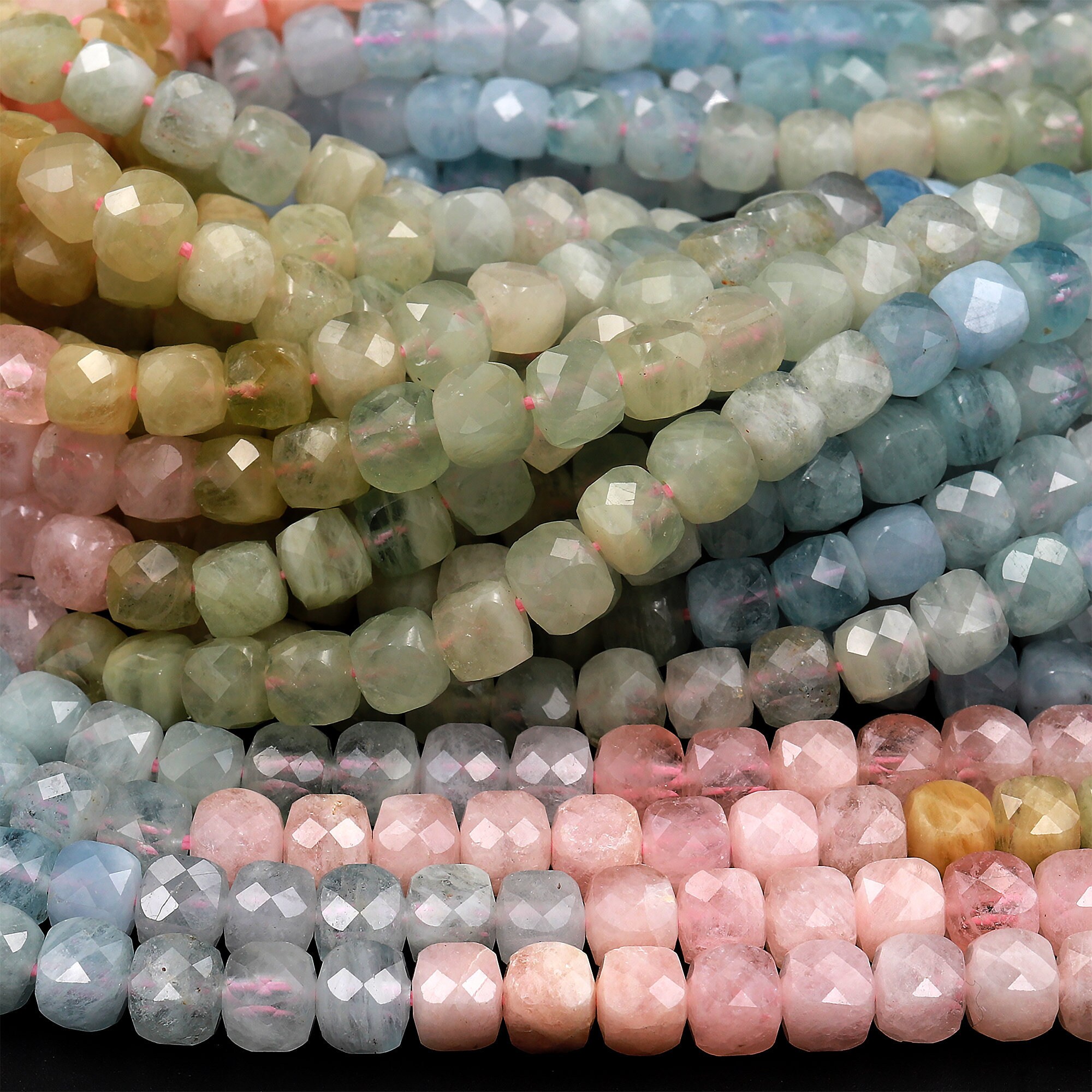 Aa Natural Multicolor Blue Aquamarine Pink Morganite Faceted 4mm 6mm Cube Dice Square Beads Micro Faceted Laser Diamond Cut 15.5" Strand