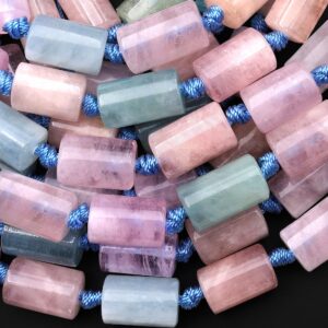 Natural Blue Green Aquamarine Pink Morganite Tube Beads 8" Strand