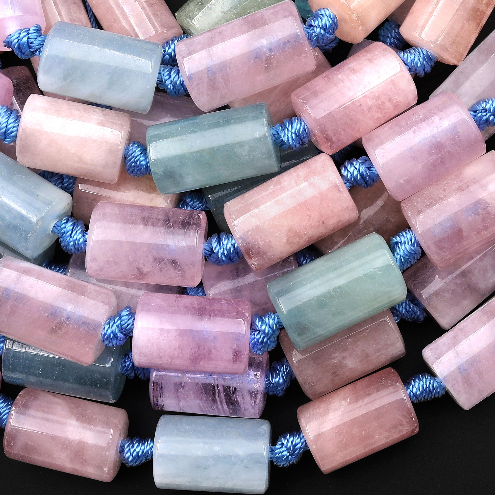 Natural Blue Green Aquamarine Pink Morganite Tube Beads 8" Strand