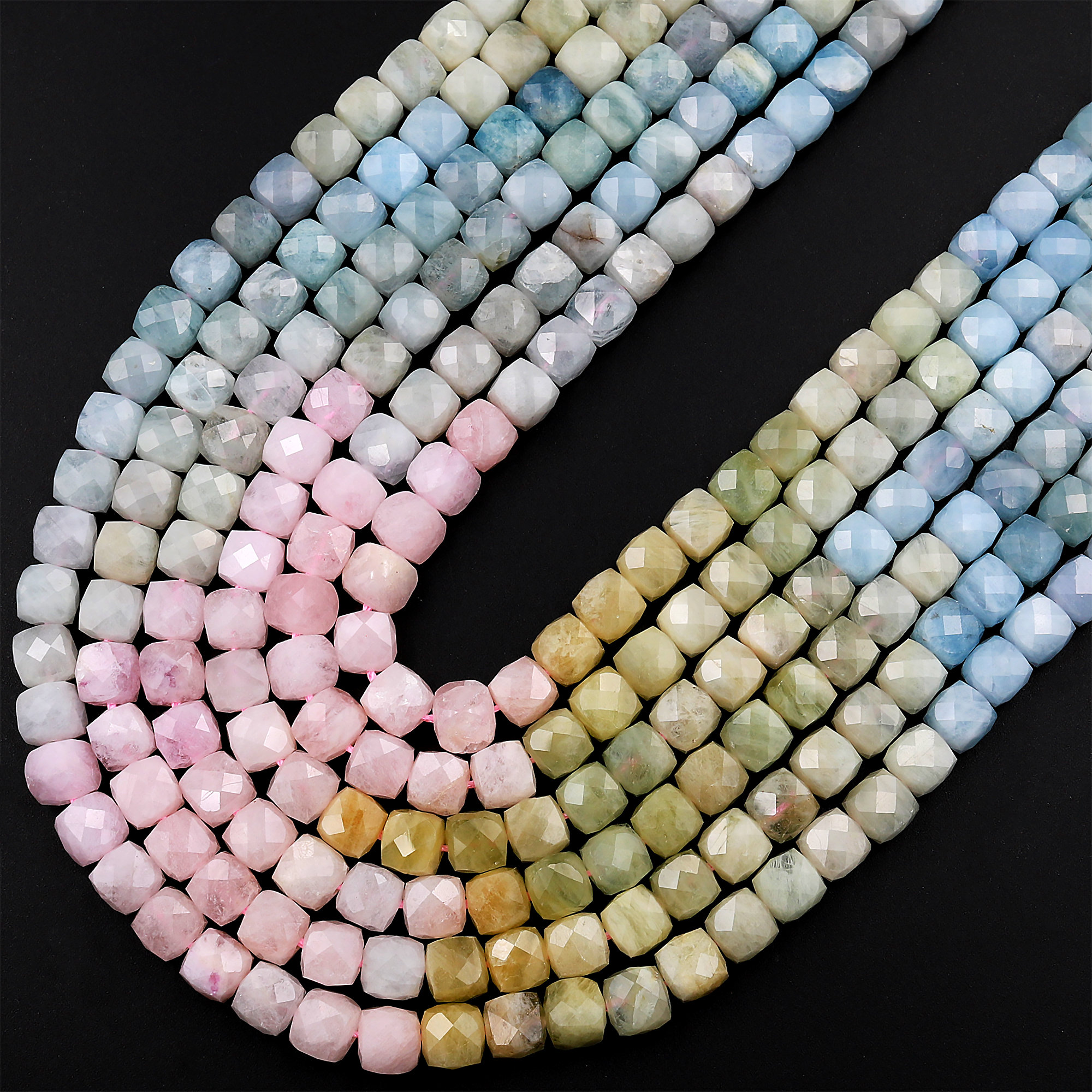 Natural Multicolor Blue Aquamarine Pink Morganite Faceted 4mm 6mm Cube Dice Square Beads Micro Faceted Laser Diamond Cut 15.5" Strand