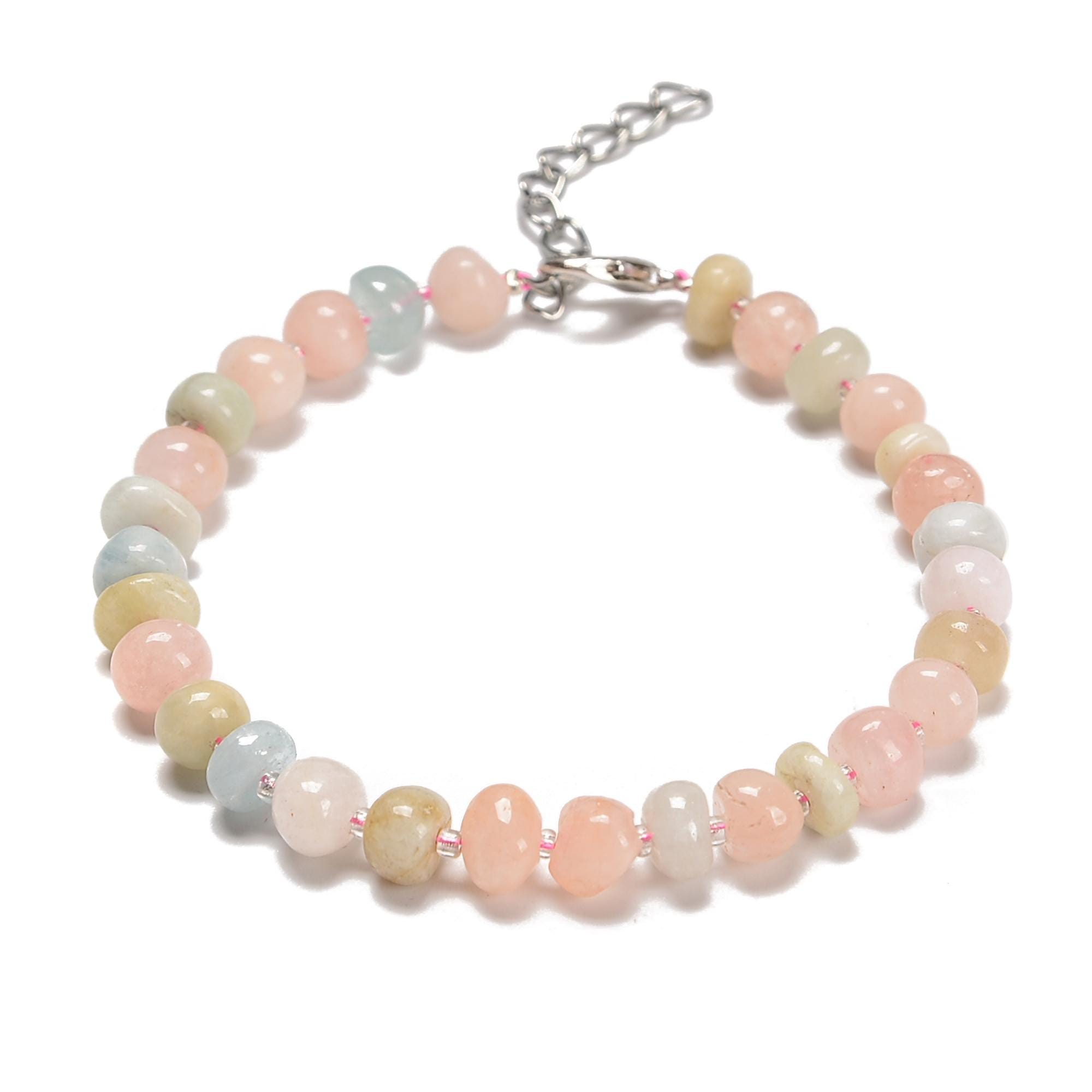 Morganite Rondelle Wheel Beaded Bracelet Silver Plated Clasp 3-5x7mm 7.5" Length