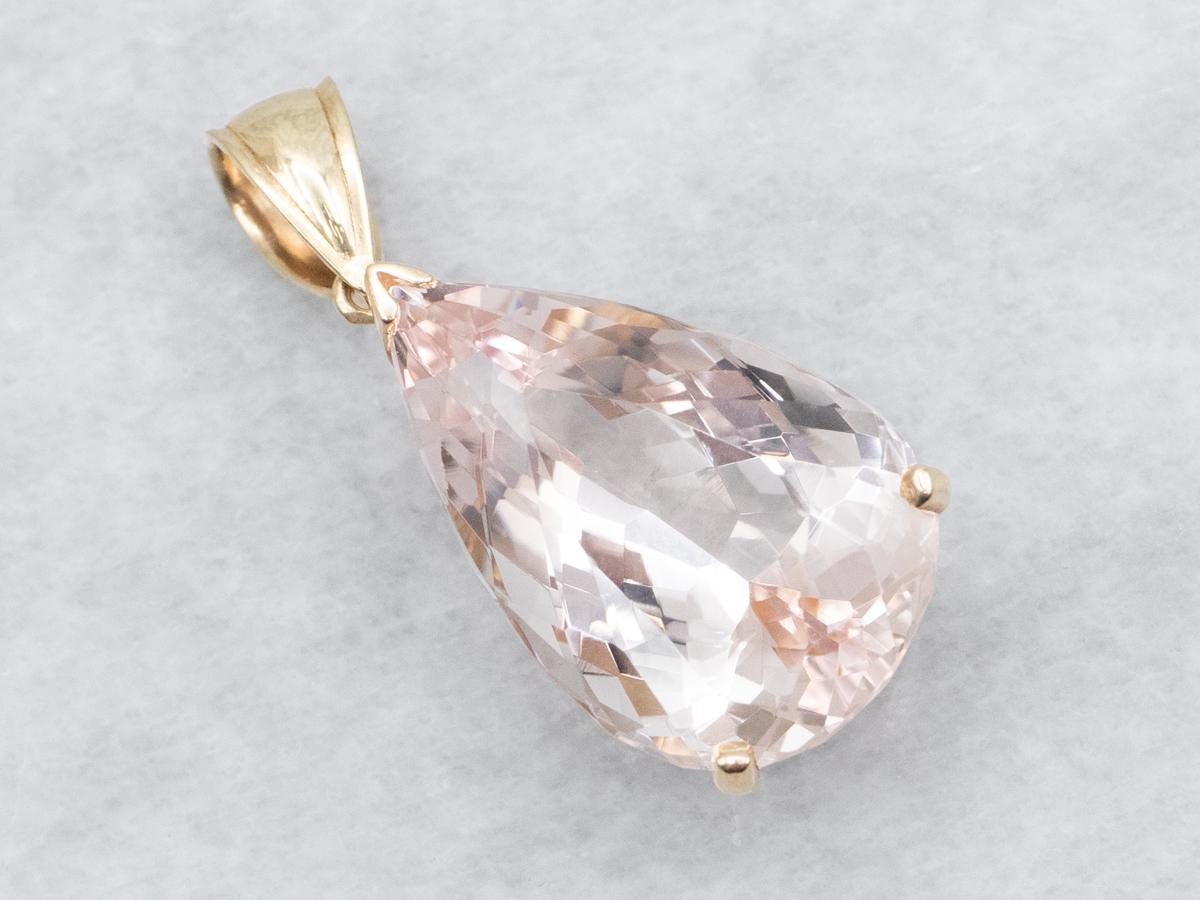 14k Yellow Gold Morganite Pendant, Pear Cut Gemstone