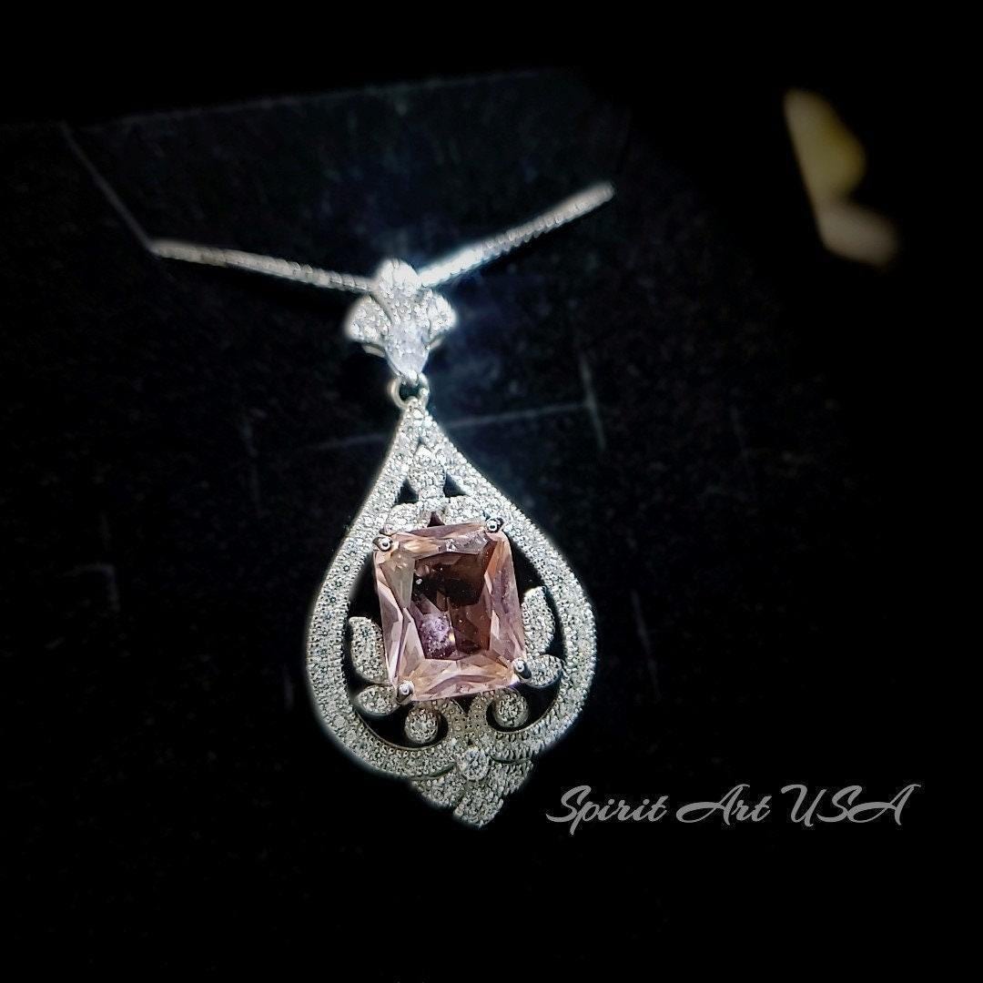 Baguette Pink Morganite Necklace Gemstone Spiritual Flower 18kg Sterling Silver 4.5 Ct Rectangular Pink Morganite Pendant #824 Baguette Pink Morganite Necklace Gemstone Spiritual Flower 18kg Sterling Silver 4.5 Ct Rectangular Pink Morganite Pendant #824