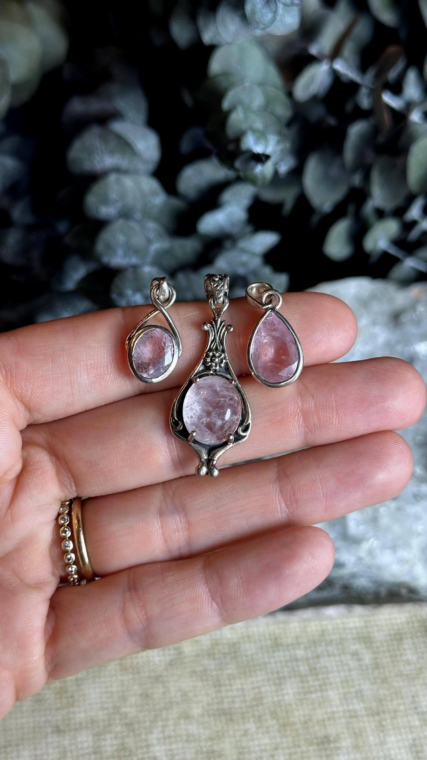 Morganite Pendant Necklace, .925 Sterling Silver, Faceted, Square, Triangle