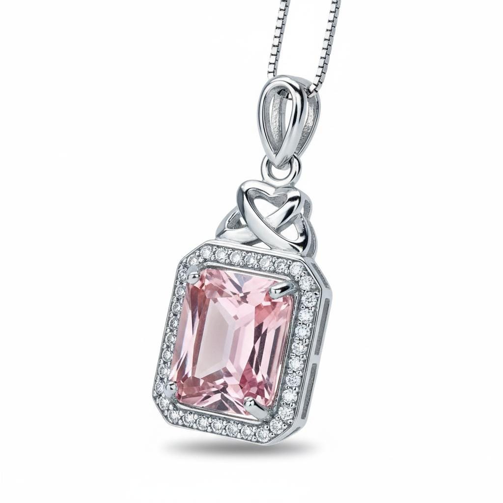 Morganite Necklace - Rectangle Scissor Pink Morganite Pendant - 18kgp @ Sterling Silver - Morganite Jewelry #961 Morganite Necklace - Rectangle Scissor Pink Morganite Pendant - 18kgp @ Sterling Silver - Morganite Jewelry #961