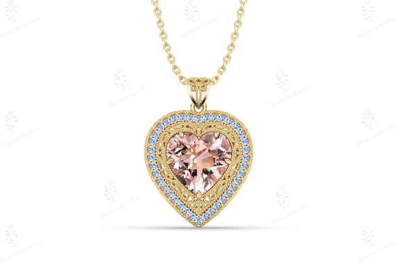 Peach Morganite Heart Pendant Necklace 14k Gold Morganite Necklace For Women Art Deco Style Heart Pendant Antique Filigree Necklace For Her