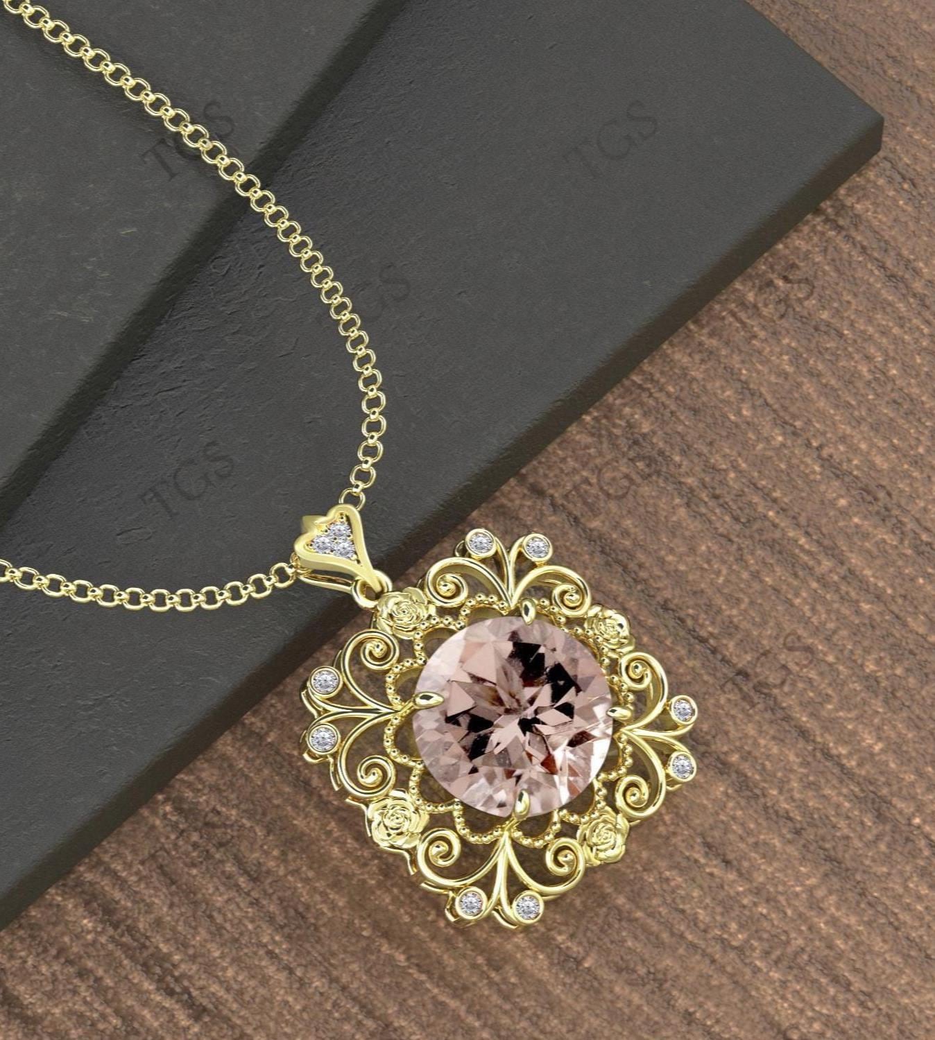 Peach Pink Morganite Pendant For Women 925 Sterling Silver Filigree Design Pendant Art Deco Floral Necklace For Her Anniversary Gift For Her