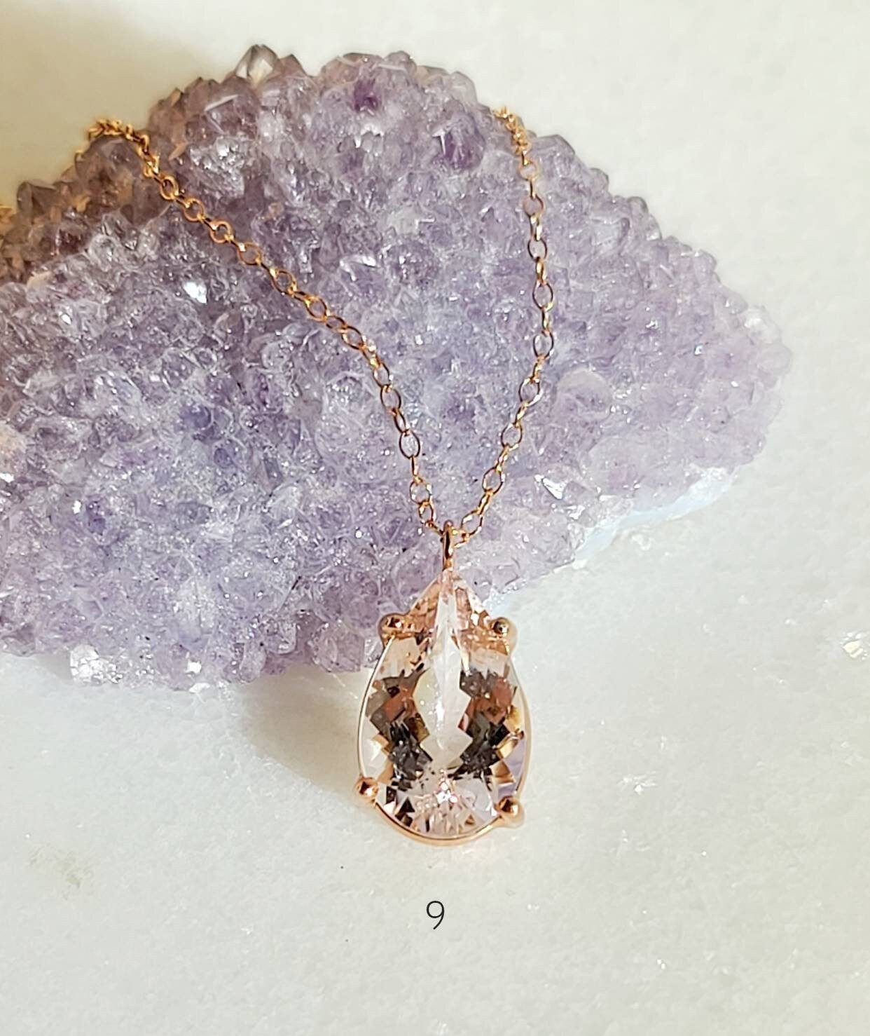 Morganite Pear Pendant: Peachy Pink Gemstone, Rose Gold Fill Chain