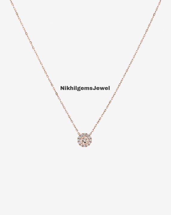 Morganite Solitaire Necklace: 0.25ct Diamond, 14k Rose Gold Pendant, 925 Silver Chain