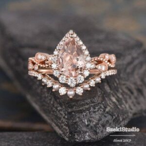 1.5ct Pear Morganite Engagement Ring Leaf Moissanite Band Rose Gold Pear Shaped Morganite Bridal Set Halo Infinity Diamond Wedding Jewelry 1.5ct Pear Morganite Engagement Ring Leaf Moissanite Band Rose Gold Pear Shaped Morganite Bridal Set Halo Infinity Diamond Wedding Jewelry