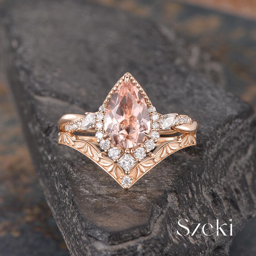 1.6ct Pear Cut Morganite Twist Engagement Ring Set Rose Gold Moissanite Halo Ring Filigree Engraved Ring Infinity Ring Anniversary Ring 1.6ct Pear Cut Morganite Twist Engagement Ring Set Rose Gold Moissanite Halo Ring Filigree Engraved Ring Infinity Ring Anniversary Ring