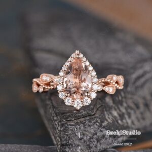 1.6ct Vine Morganite Engagement Ring Rose Gold Women Art Deco Pear Shaped Morganite Ring Vintage Halo Infinity Diamond Wedding Ring 1.6ct Vine Morganite Engagement Ring Rose Gold Women Art Deco Pear Shaped Morganite Ring Vintage Halo Infinity Diamond Wedding Ring