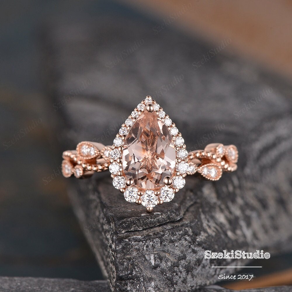 1.6ct Vine Morganite Engagement Ring Rose Gold Women Art Deco Pear Shaped Morganite Ring Vintage Halo Infinity Diamond Wedding Ring