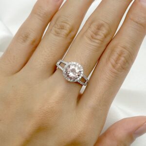 14K Morganite Diamond Halo Engagement Ring: Rose Gold Bridal Ring