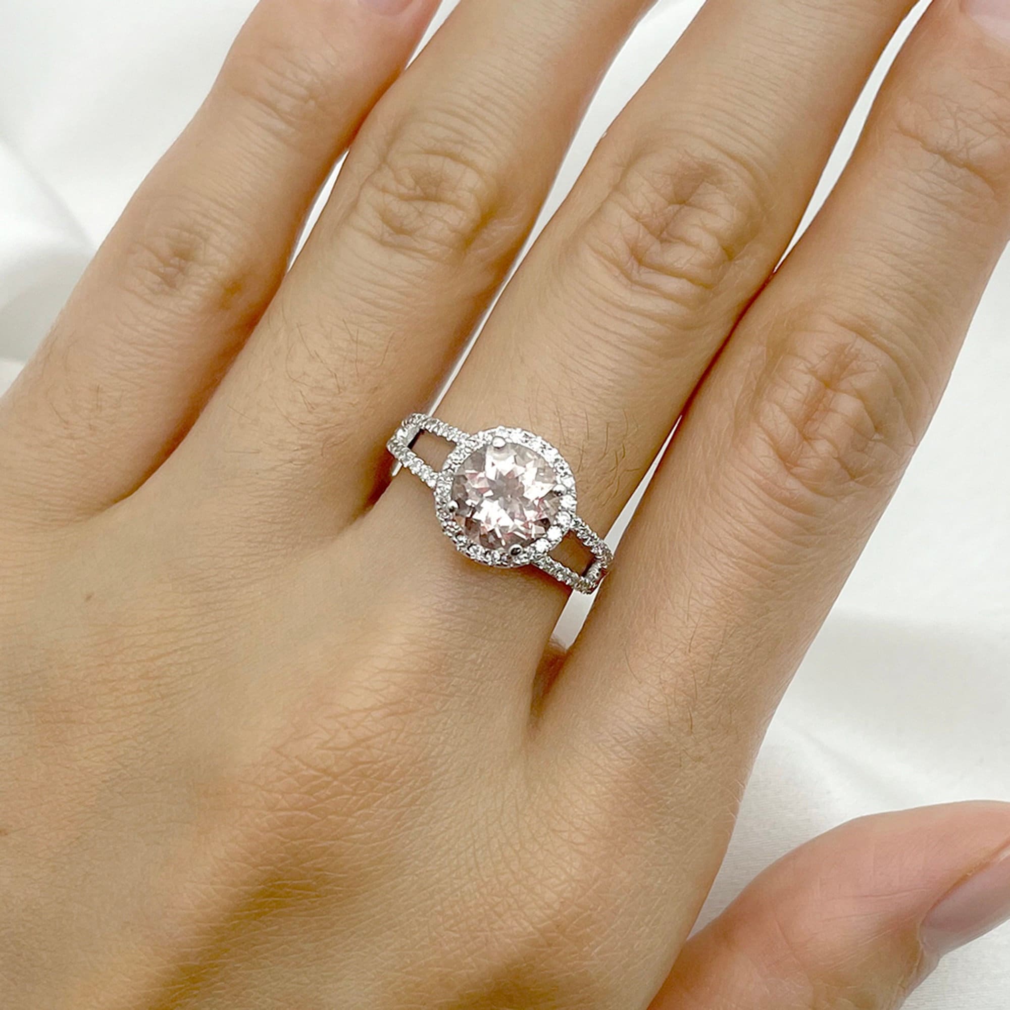 14k Morganite Diamond Halo Engagement Ring: Rose Gold Bridal Ring