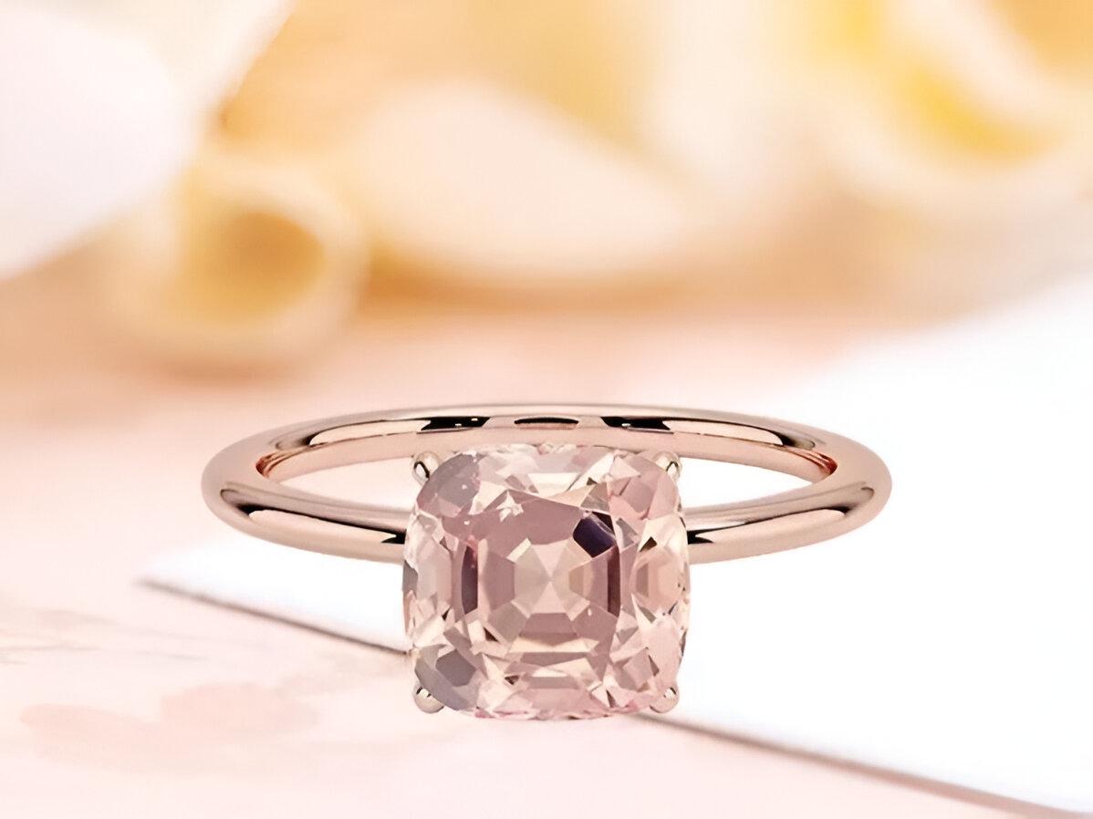 14k Rose Gold Morganite Ring, Cushion Cut Solitaire