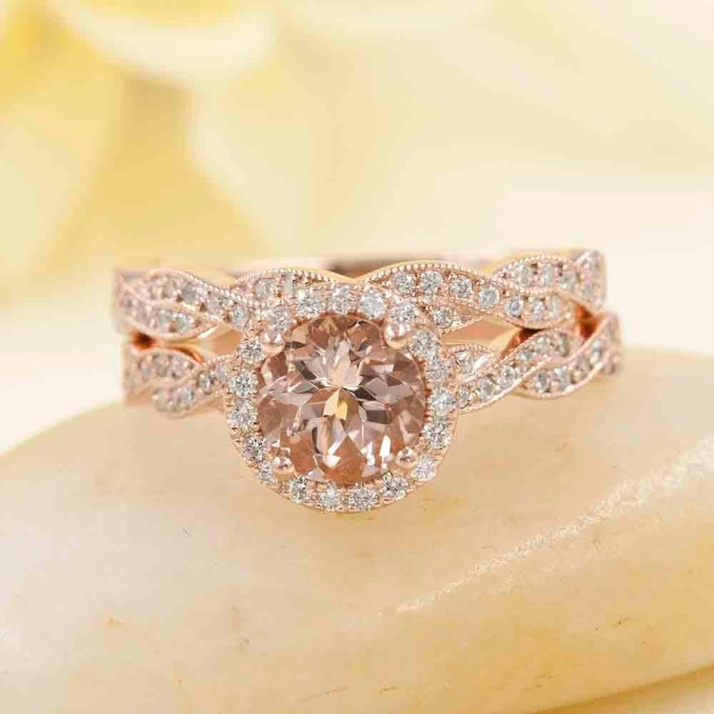 14k Rose Gold Morganite Engagement Ring Set: Twisted Diamond Band