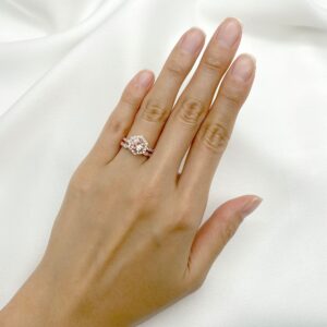 14k Rose Gold Morganite Hexagon Ring Set: Diamond Wedding Band